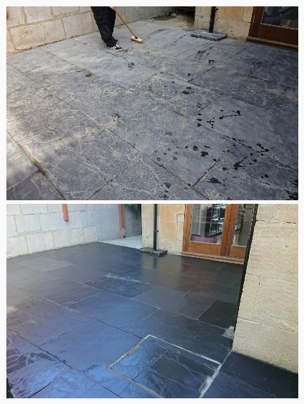 Slate patio after removal of cement residue from laying. cleaned and then sealed Gallery Image