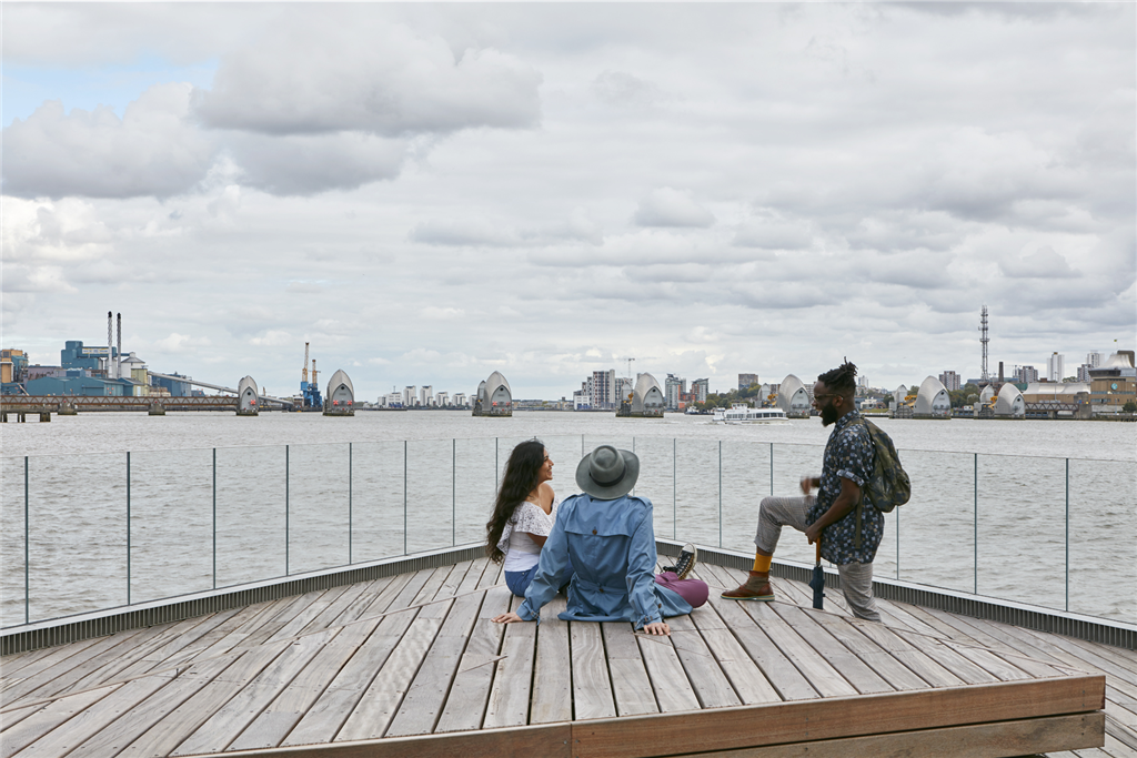 MEGAgrip Balustrade at Royal Wharf Pier in London. A glass safety barrier providing security while keeping the beautiful river Thames views. MEGAgrip is a heavy-duty and adjustable balustrade.  Gallery Image